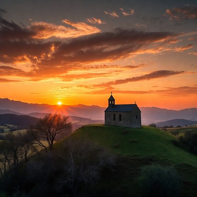 Small chapel on hill at sunset