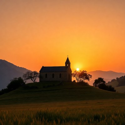 Small chapel silhouetted at sunset