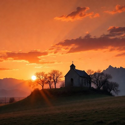 Chapel silhouetted at sunset with mountains