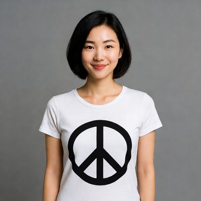 Asian woman in peace sign t-shirt