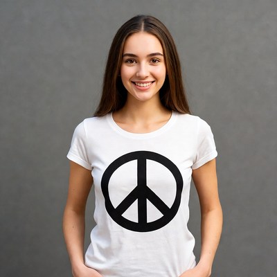 Smiling woman in peace symbol t-shirt