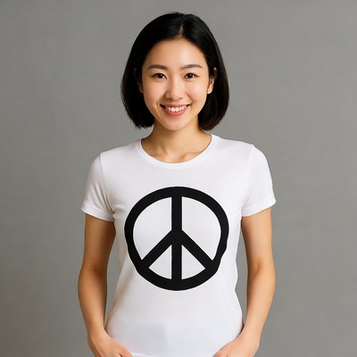 Asian woman in peace sign t-shirt