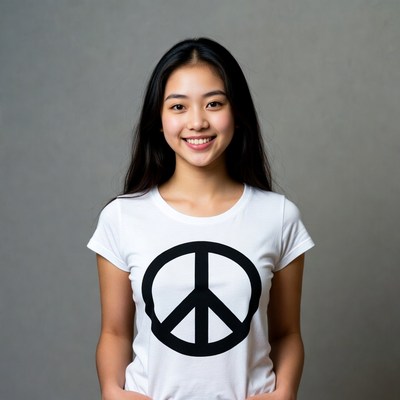 Asian girl smiling in peace sign t-shirt