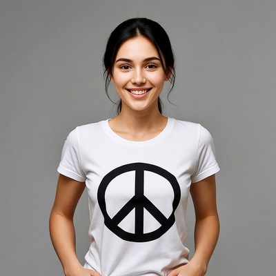 Woman smiling in peace sign t-shirt