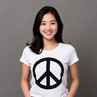Asian woman in peace sign t-shirt