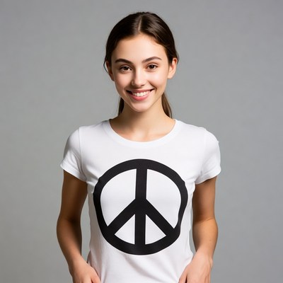 Smiling girl in peace sign t-shirt