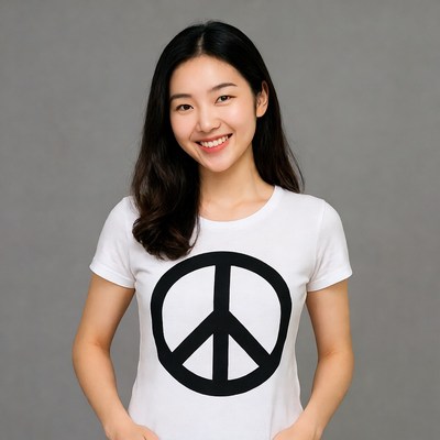 Asian woman wearing peace sign t-shirt