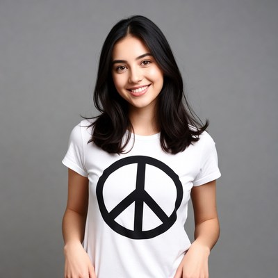 Asian woman in peace symbol t-shirt