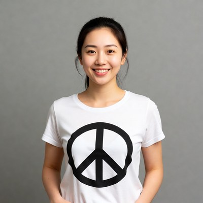 Asian woman in peace sign t-shirt