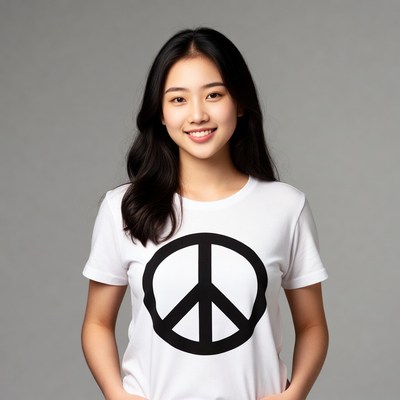 Asian woman in peace sign t-shirt