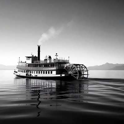 Black and white paddle steamer on lake