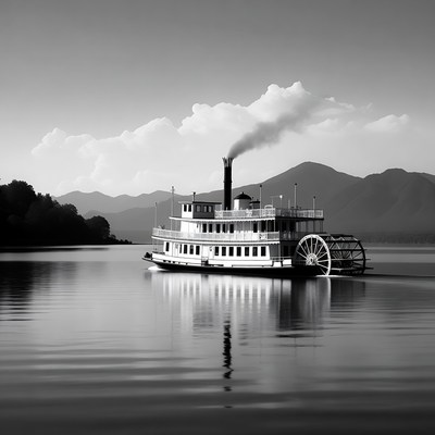 Steamboat on lake with mountains