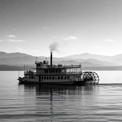 Black and White Paddlewheel Steamboat on Lake