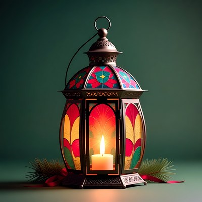 Colorful Stained Glass Lantern with Candle