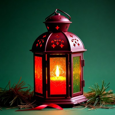 Red ornate lantern with candle