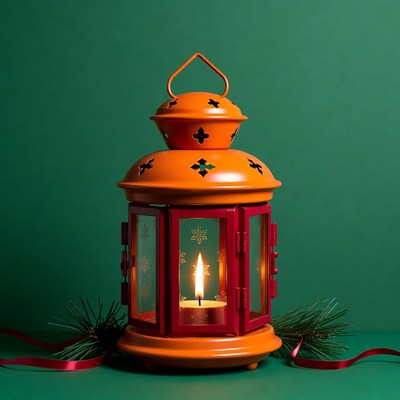 Orange Lantern with Candle and Pine