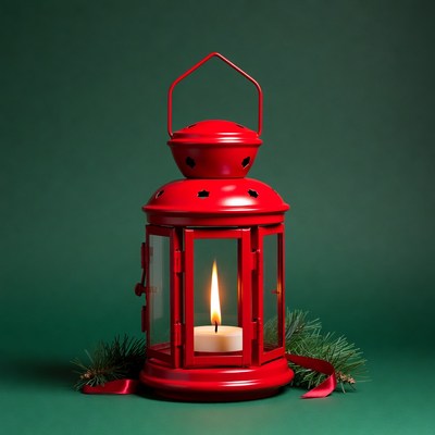 Red Lantern with Candle on Green Background
