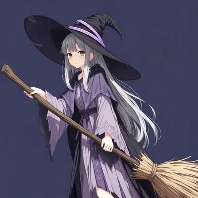 Anime girl witch holding broom