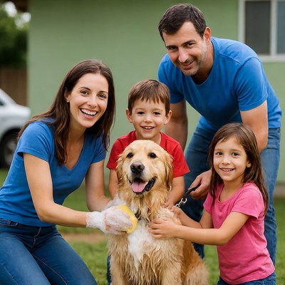 Family washing golden retriever outdoors