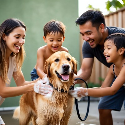 Asian family washing golden retriever