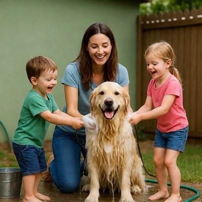 Family washing golden retriever dog