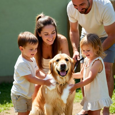 Family washing golden retriever dog