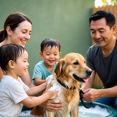Asian family washing golden retriever