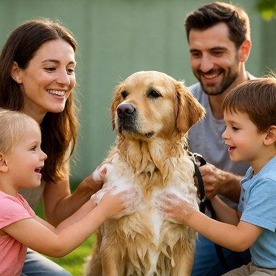 Family washing golden retriever dog