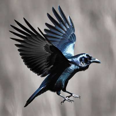 Flying black crow with wings spread