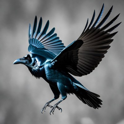 Blue Raven Flying with Wings Spread