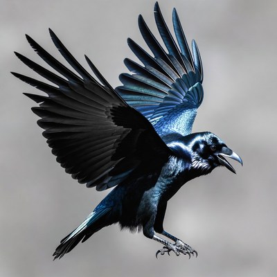 Flying black crow with wings spread