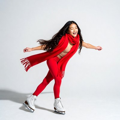 Asian girl ice skating with red scarf