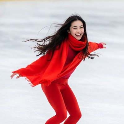 Asian woman in red outfit on ice rink