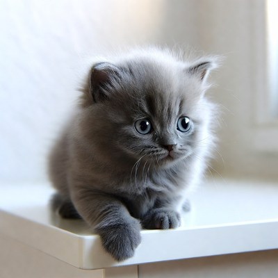 Fluffy gray kitten on white surface