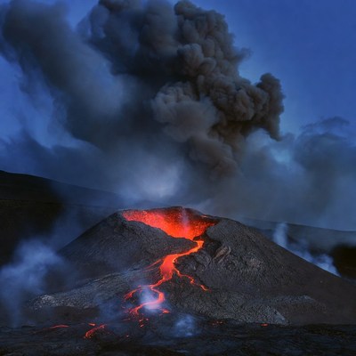 Erupting Volcano at Night