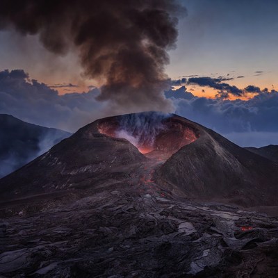 Erupting Volcano at Sunset