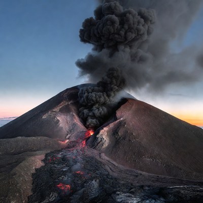 Volcano erupting with lava and ash