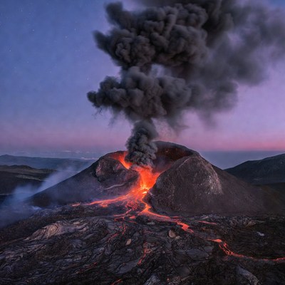 Erupting Volcano at Twilight