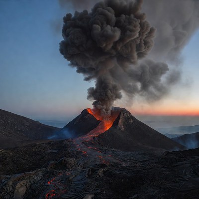 Erupting Volcano with Lava Flows