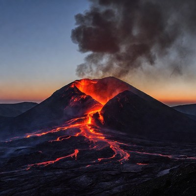 Erupting Volcano at Sunset
