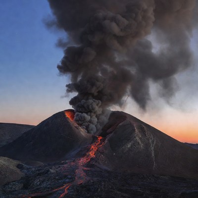 Volcano erupting with lava flows