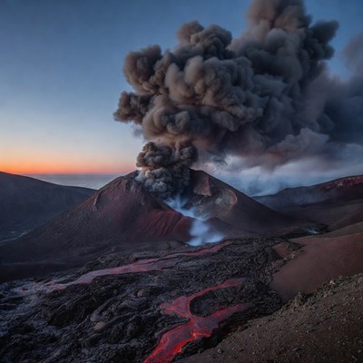 Erupting Volcano with Lava Flows