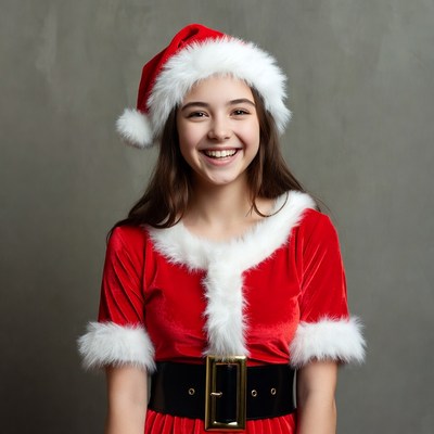 Girl smiling in Santa hat and dress