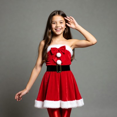 Girl waving in Santa dress