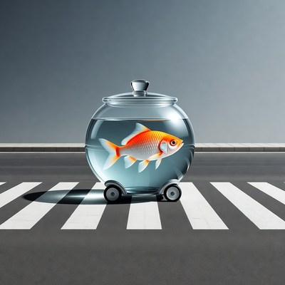 Goldfish in bowl crossing street