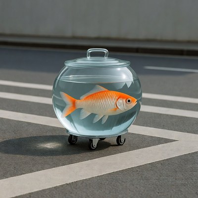 Goldfish in glass bowl on wheels