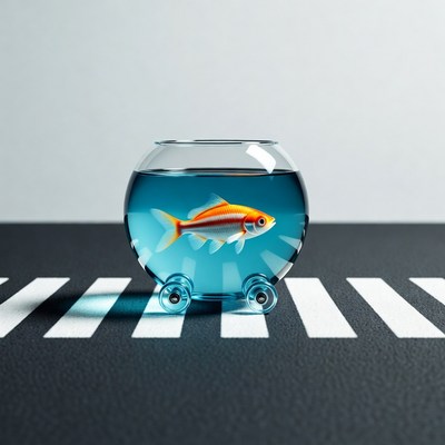 Goldfish in wheeled bowl on crosswalk