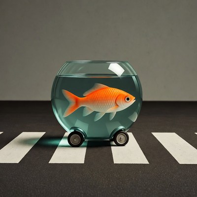 Goldfish in wheeled bowl on crosswalk