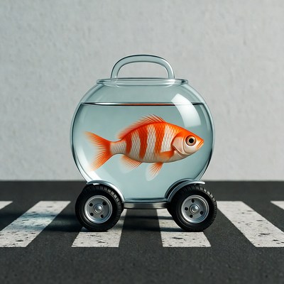 Goldfish in wheeled fishbowl on crosswalk