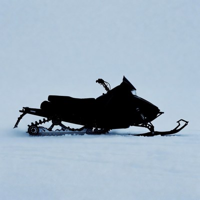 Black snowmobile on snowy field